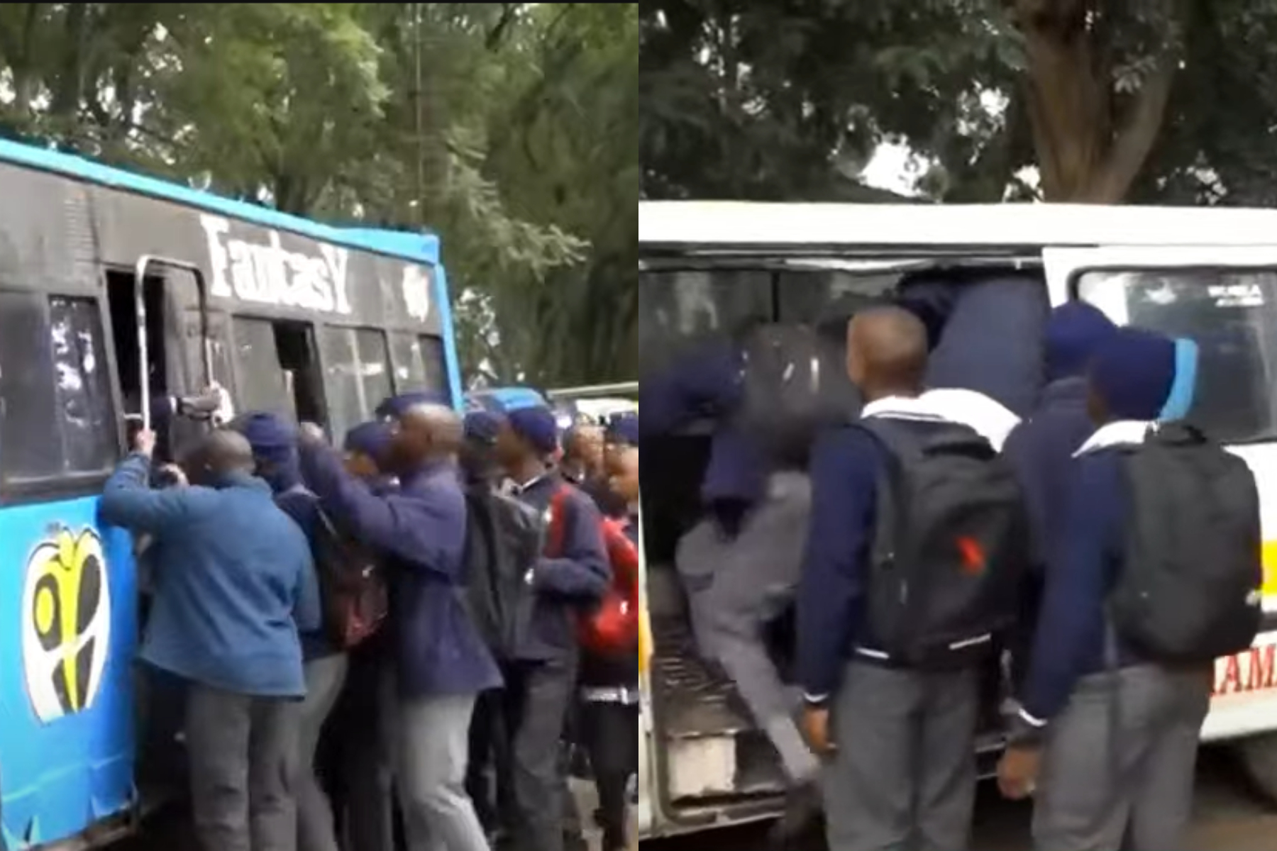 A composite image of students getting into matatus.